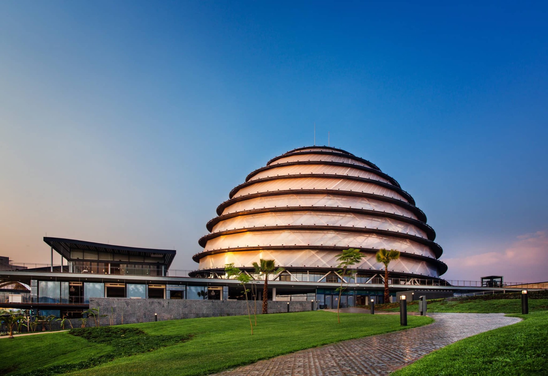 Modern institutional architecture, the Kigali Convention Centre at dusk